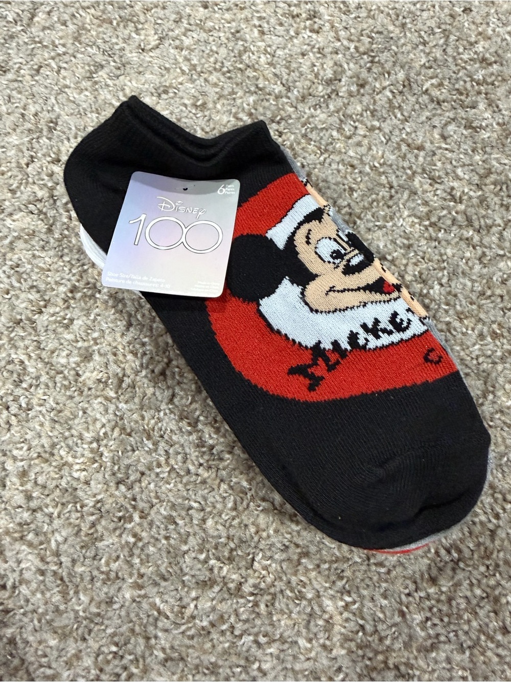 Disney 100 Mickey Mouse Black Gray Red Socks - 6 Pairs NEW